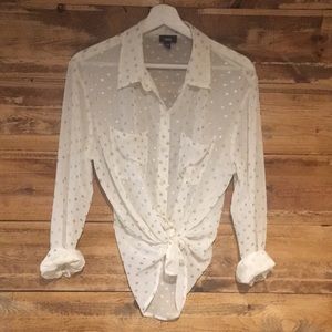Sheer button down top with gold polka dots